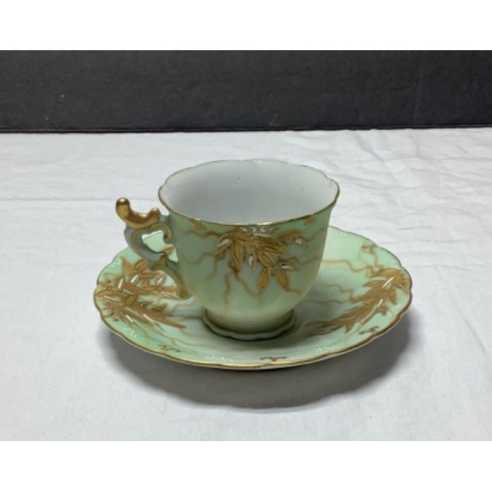 Vintage Hand Painted Green and Gold Porcelain Tea Cup and Saucer JAPAN